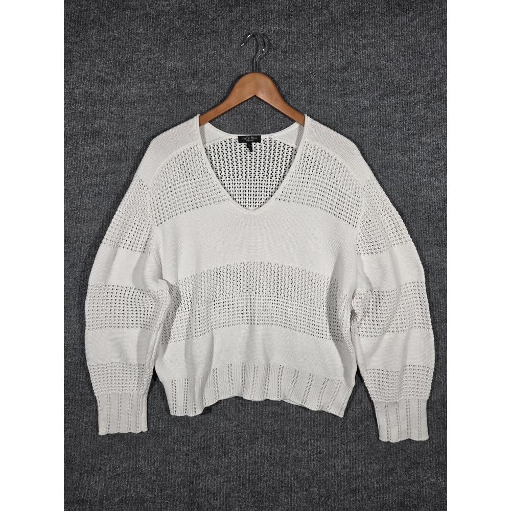 Rag & Bone New York Womens Large White Open Knit Sweater V Neck Cotton Blend